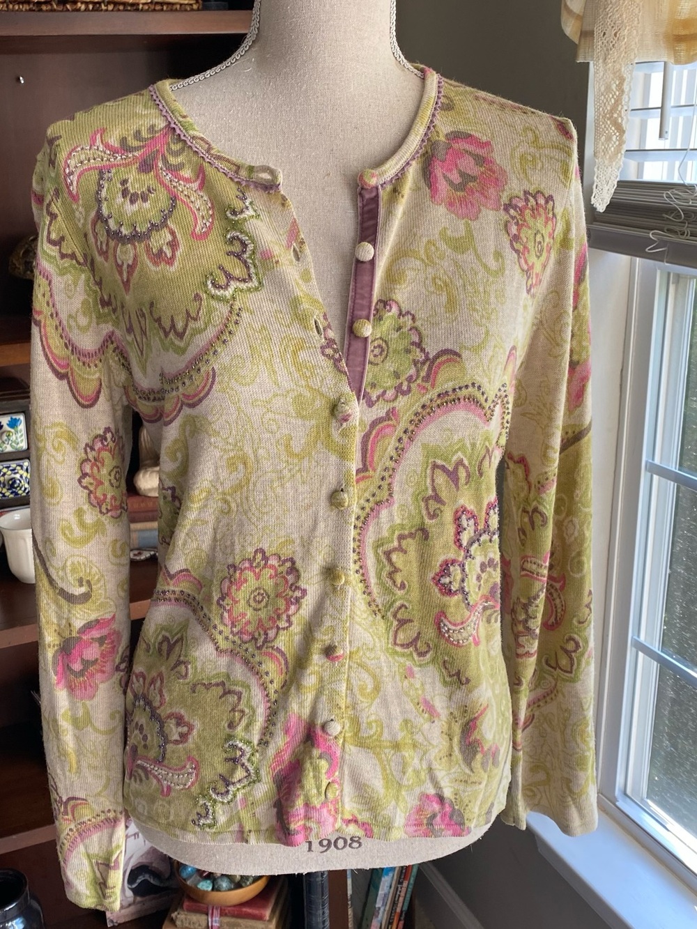 Sigrid Olsen Paisley Button-Front Long Sleeve Cardigan, in Green-Pink M EUC